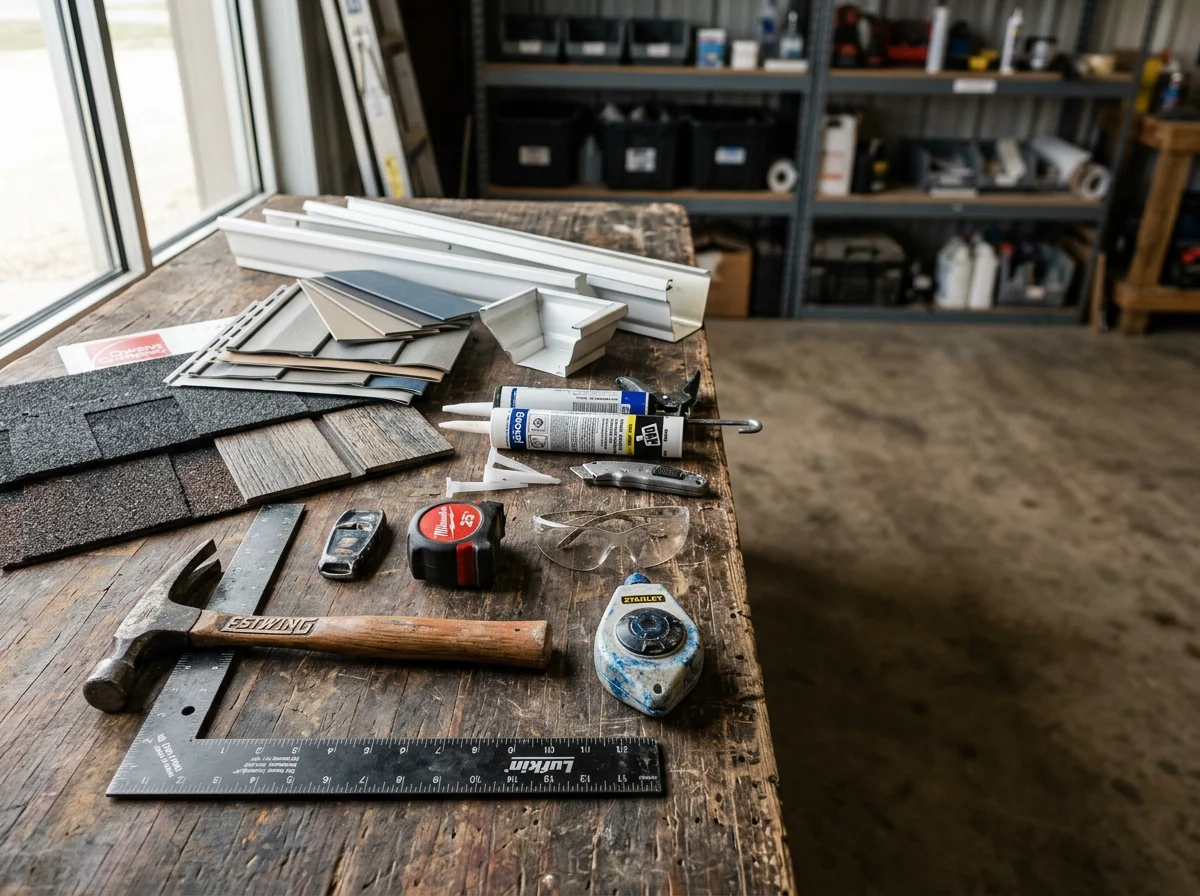 Roofing and exterior repair tools and materials staged on a work surface, representing the trades of siding, roofing, windows, gutters, and storm damage restoration.