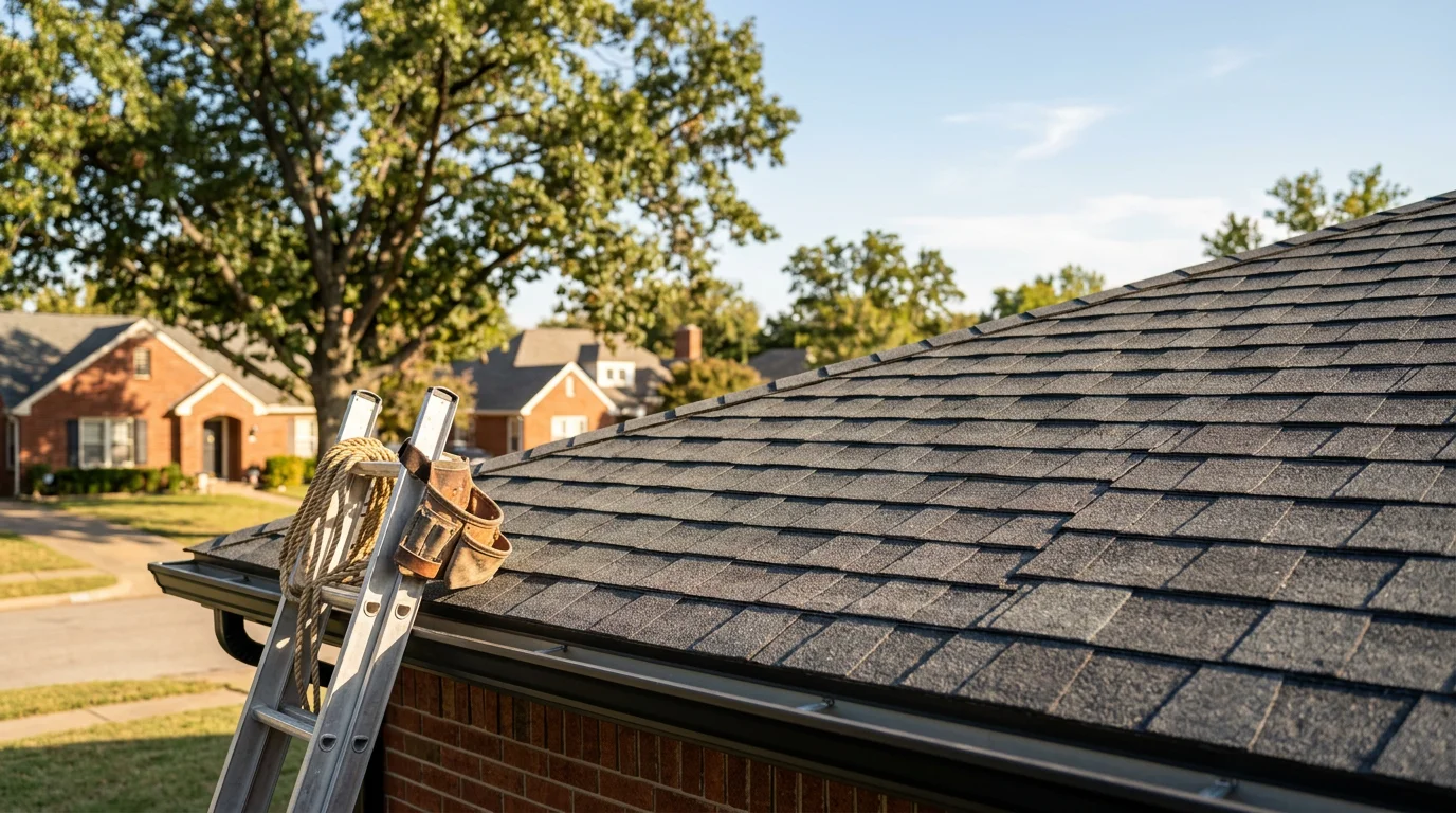 Roofer installing shingles on a residential roof in Tulsa