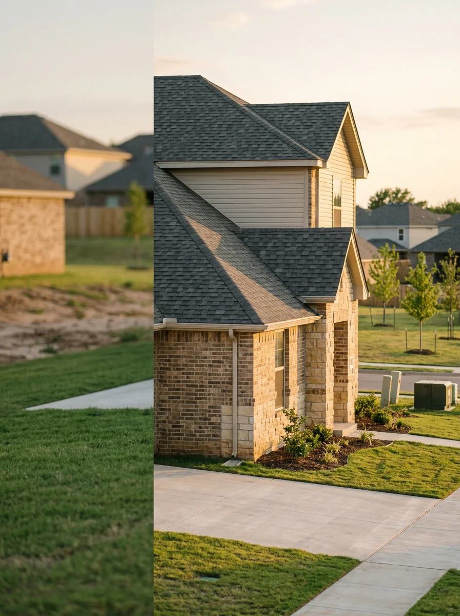 Portrait view of a newer Bixby, Oklahoma home in a master-planned subdivision showing brick and stone lower exterior with upper vinyl siding and a recently installed asphalt shingle roof.