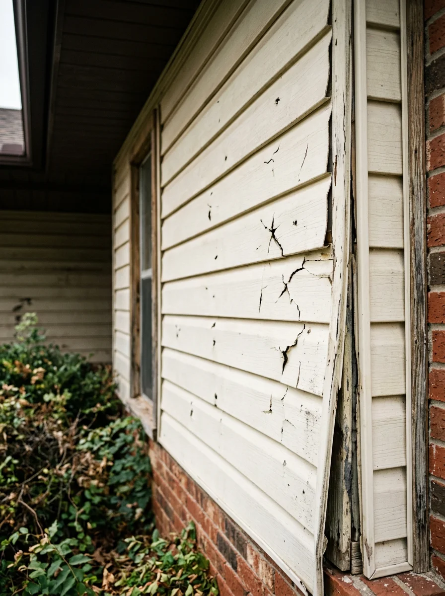 Close-up portrait of cracked vinyl siding on a 1980s Broken Arrow home, showing hail impact fractures along the panel face and separation at the corner trim.