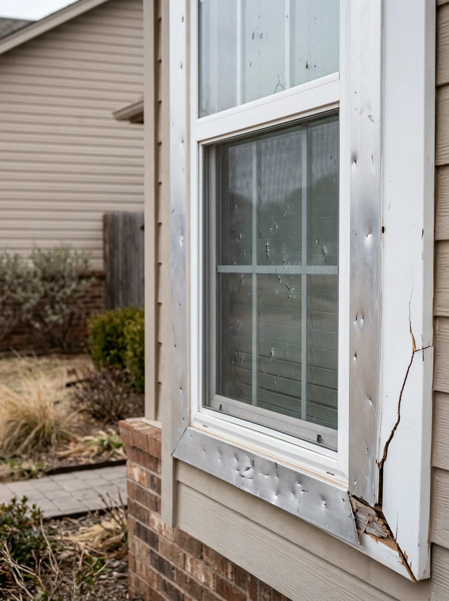 Portrait view of an Edmond home's window and trim detail showing hail impact marks on the aluminum frame and cracked exterior casing consistent with a spring storm event.