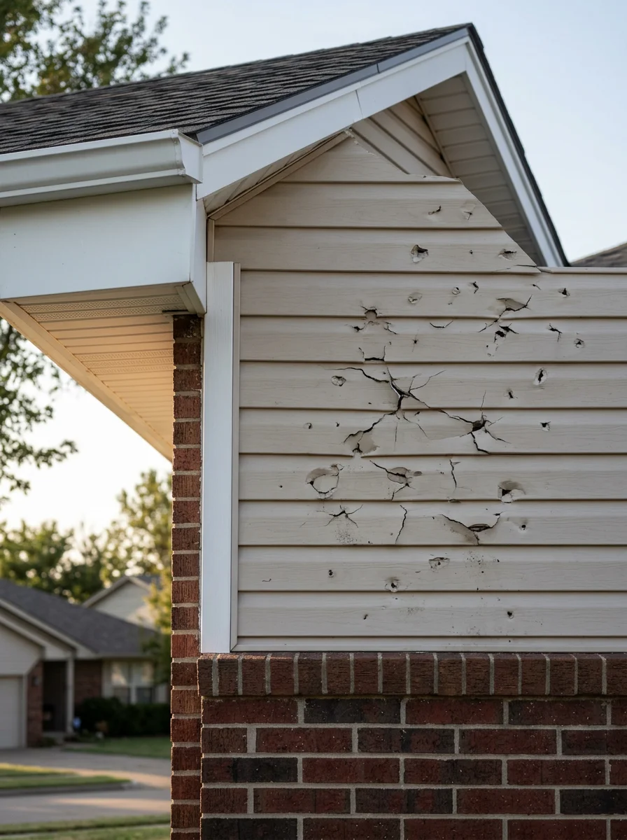 Portrait view of hail-damaged upper vinyl siding on a Jenks home, showing impact cracks above the brick veneer line on the gable end facing the prevailing storm direction.