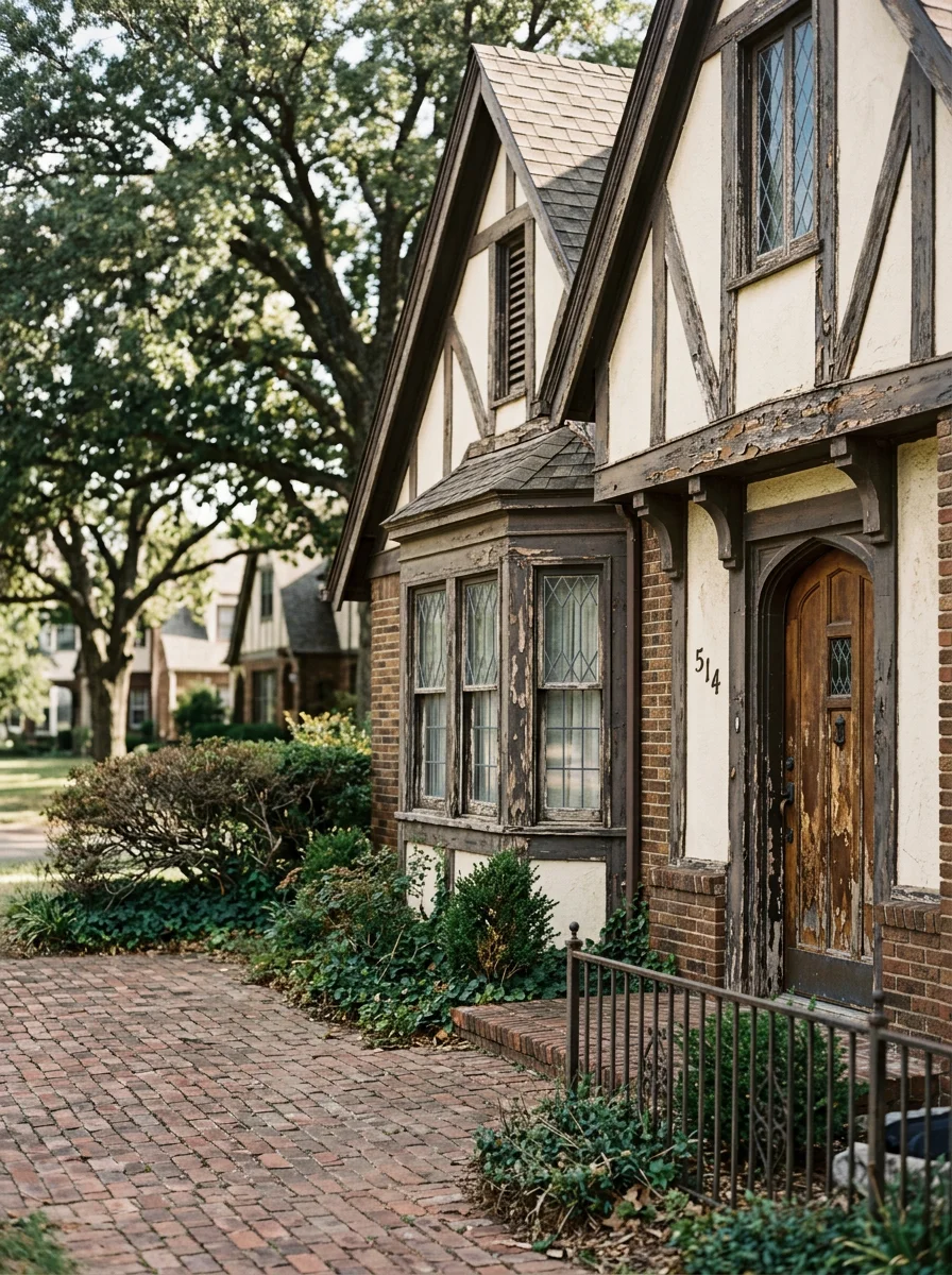 Portrait view of a Heritage Hills Oklahoma City home showing original wood siding with cracked paint and deteriorated window trim on a historic Tudor-style exterior.