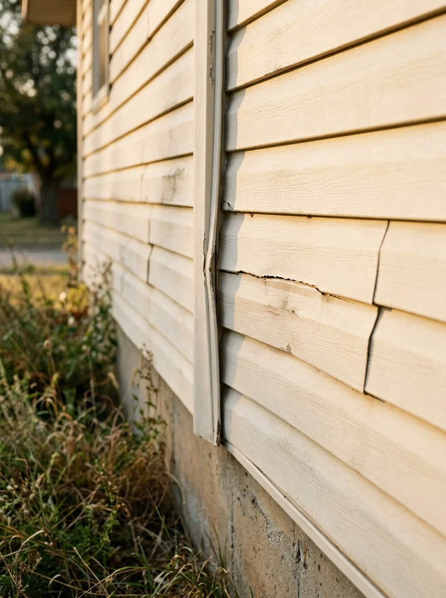 Portrait view of original vinyl siding on an Owasso home showing fading, corner separation, and a cracked panel face consistent with age and hail exposure.