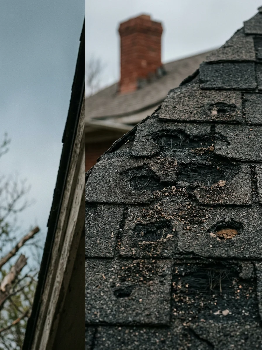 Close-up of hail-damaged asphalt shingles on a Sapulpa home, showing circular impact marks and exposed mat where granules have been knocked away.