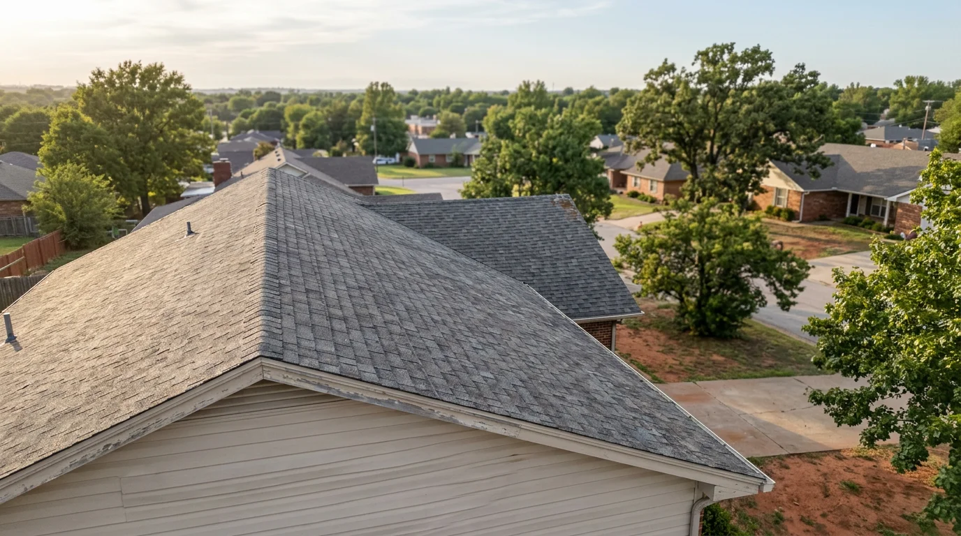 Aerial view of a 1970s-era single-family home in Sapulpa, Oklahoma, showing an aging asphalt shingle roof with visible granule loss and original vinyl siding along the eaves.