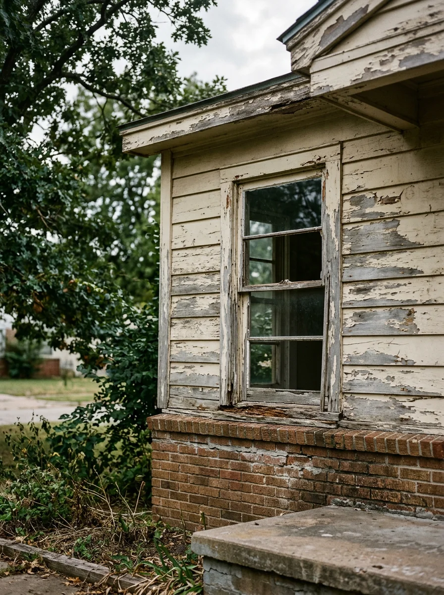 Portrait view of a Tulsa home's exterior showing original wood siding with cracked paint and a deteriorated window frame on a tree-lined residential street.