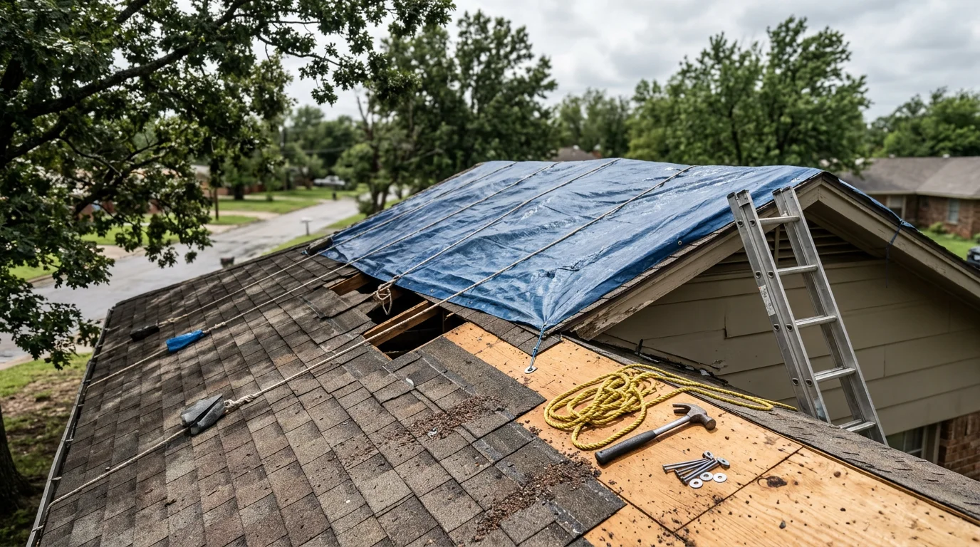 Emergency roof repair in progress on a Sapulpa, Oklahoma home after storm damage, with a crew securing exposed roof decking and replacing wind-torn shingles. Visible storm debris surrounds the property following a severe Oklahoma thunderstorm.