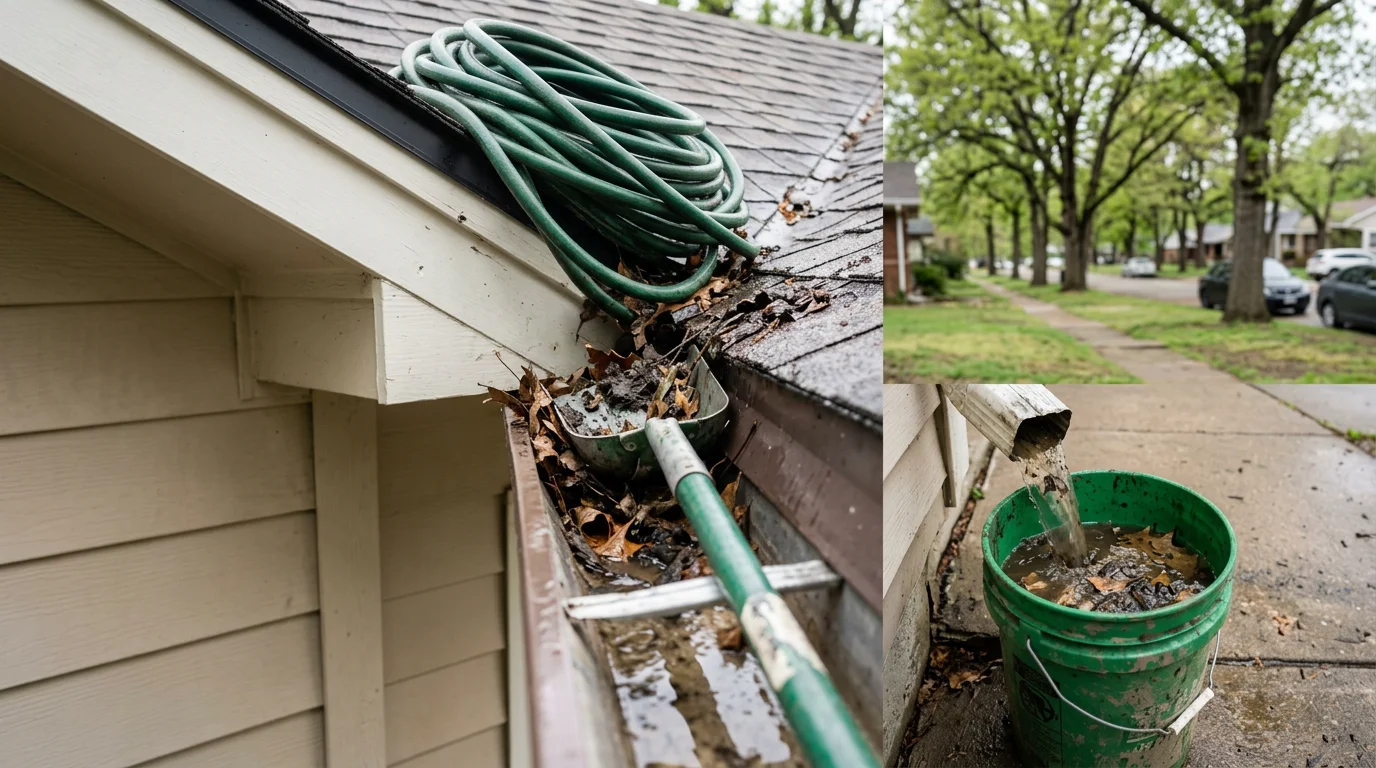 A gutter on a Sapulpa, Oklahoma home being cleared of packed oak leaves and debris by a Redline Roofing and Exteriors crew member. The downspout below runs clean after the blockage is removed.