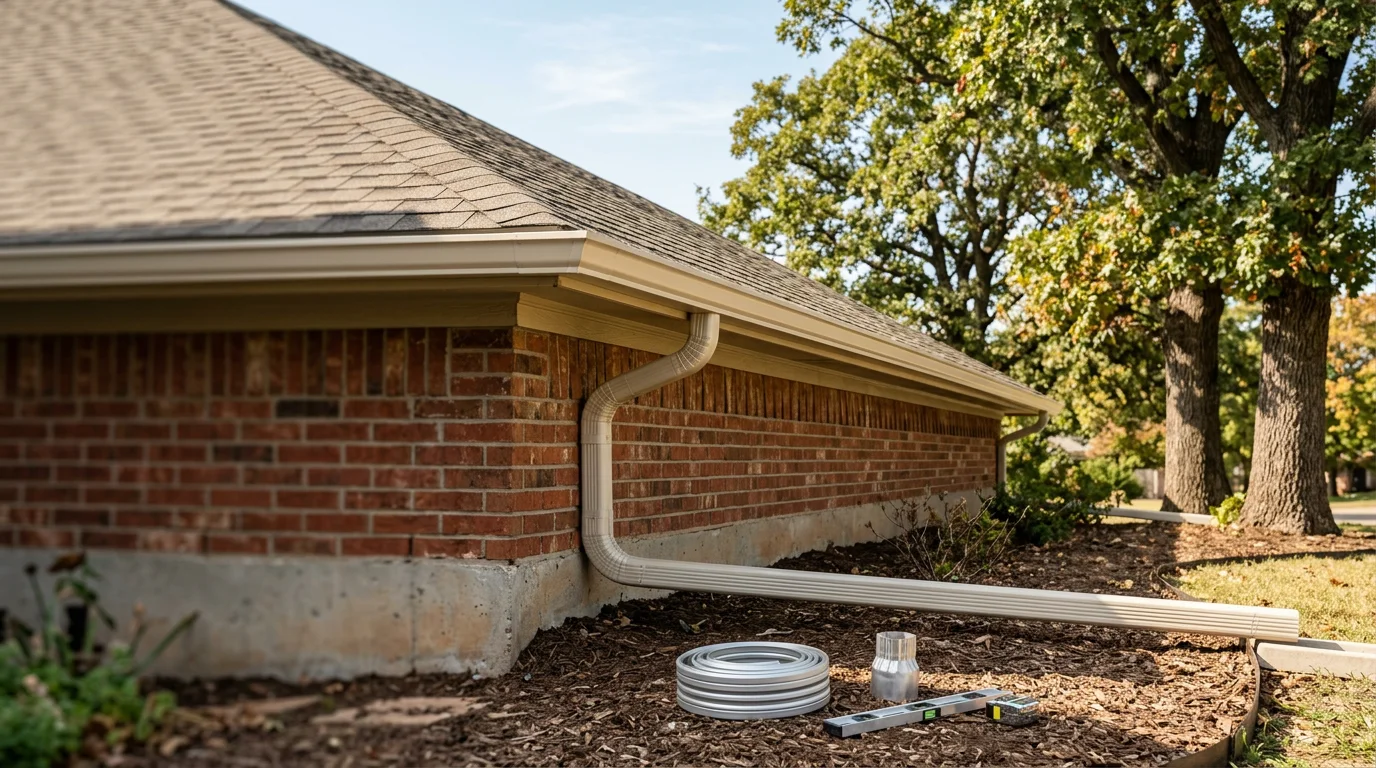 Newly installed gutters along the roofline of a single-story Sapulpa, Oklahoma home, with downspouts positioned to direct water away from the foundation. Clean fascia line and properly pitched trough visible against a residential exterior.