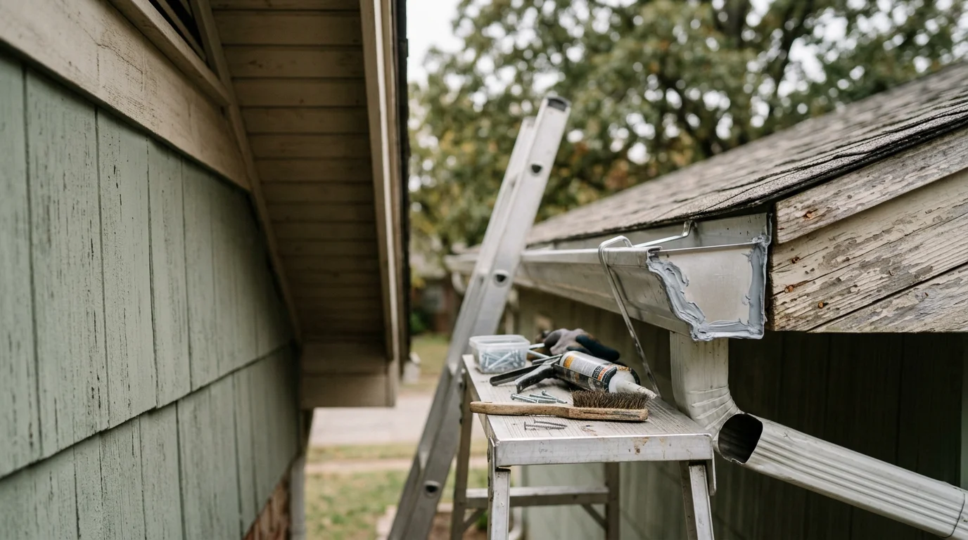 A Redline Roofing and Exteriors technician reattaching a sagging gutter section on a residential home in Sapulpa, Oklahoma. The repaired gutter run sits flush against the fascia board with corrected pitch toward the downspout.