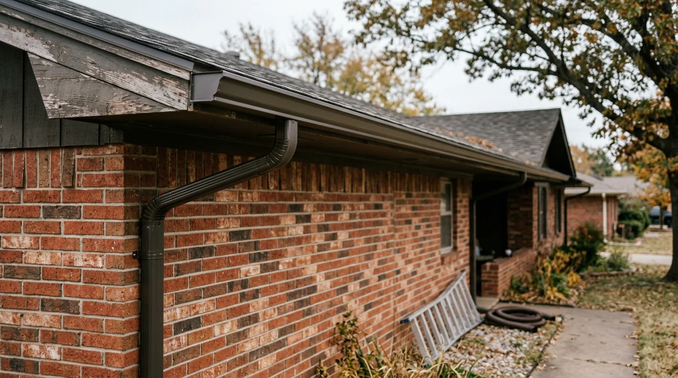 New gutters installed along the roofline of a single-family home in Sapulpa, Oklahoma, with downspouts positioned to direct water away from the foundation. The replacement system runs the full length of the fascia on a mid-century residential property.