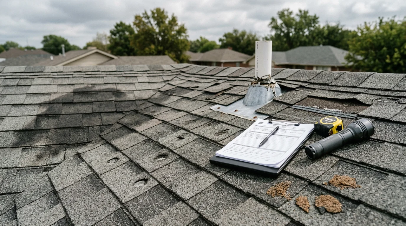 A Redline Roofing and Exteriors inspector examining shingles and flashing on a residential roof in Sapulpa, Oklahoma. Close-up view shows granule wear and storm damage assessment in progress.