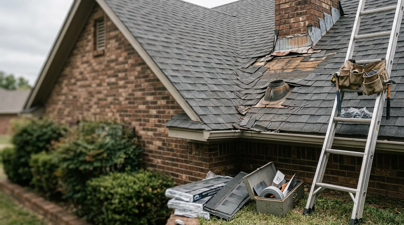 A Redline Roofing and Exteriors crew member repairing damaged shingles on a residential roof in Sapulpa, Oklahoma. Close-up view shows replaced flashing and sealed repair area on a steep-pitch gable roof.