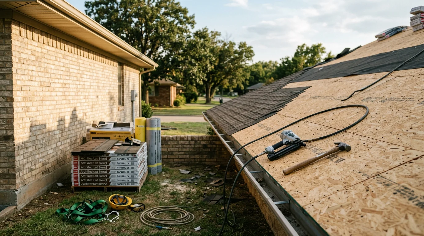 A completed roof replacement on a ranch-style home in Sapulpa, Oklahoma, showing a clean new shingle system with uniform color and tight ridge line. The surrounding Creek County neighborhood is visible in the background under a clear Oklahoma sky.