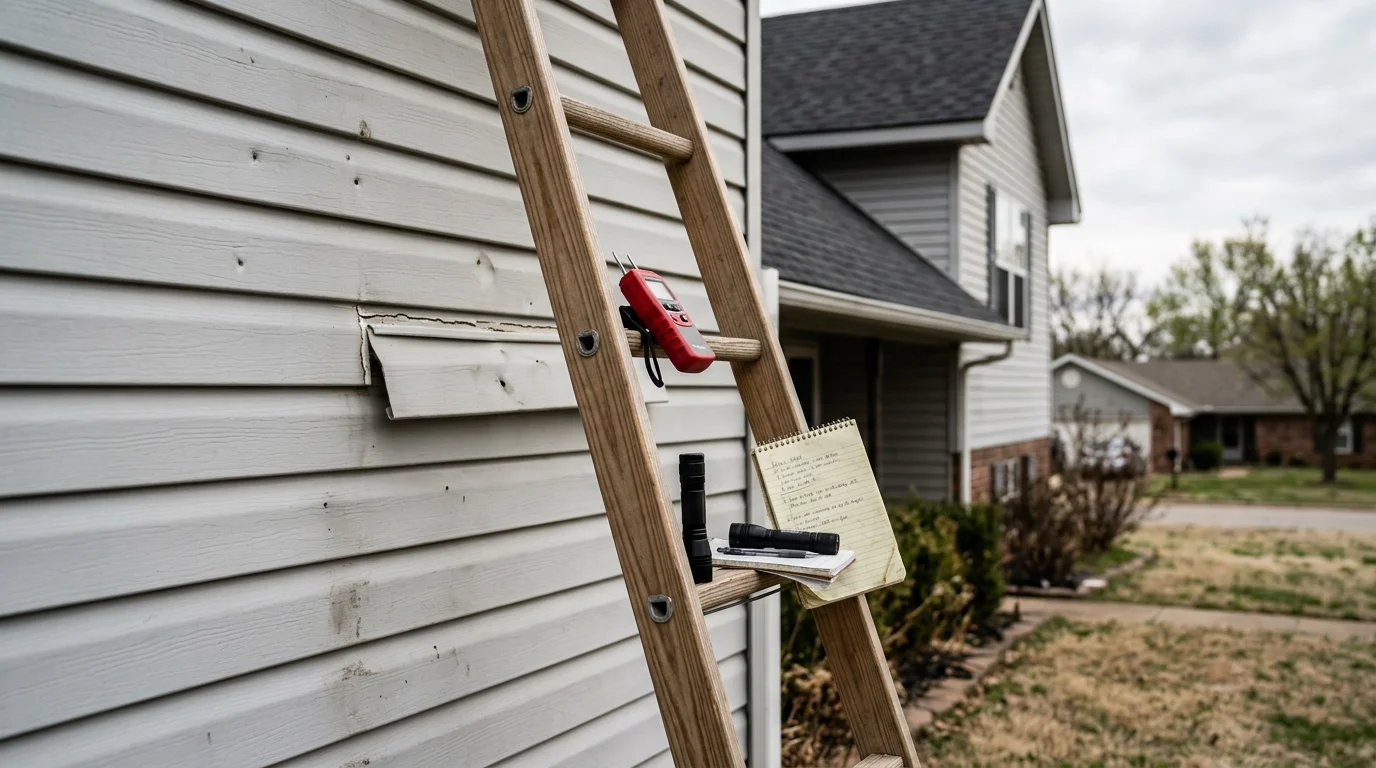 A Redline Roofing and Exteriors contractor inspecting the siding panels on a Sapulpa, Oklahoma home after a storm, checking for hail dents and gaps along the panel seams.