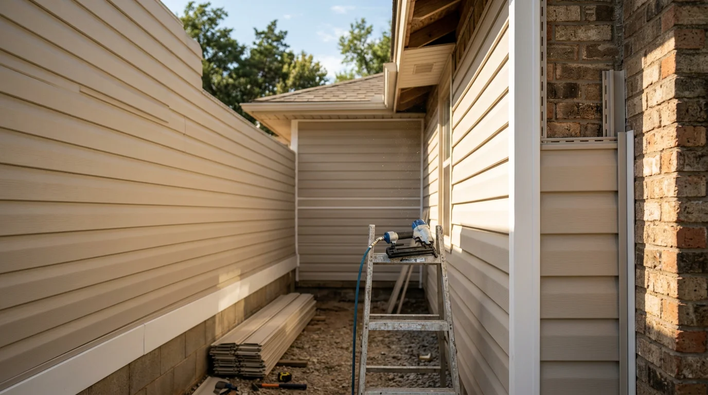 Newly installed siding on a single-family home in Sapulpa, Oklahoma, showing clean panel lines, finished corner trim, and sealed window surrounds. The completed exterior reflects a full installation on a residential property in the Creek County area.