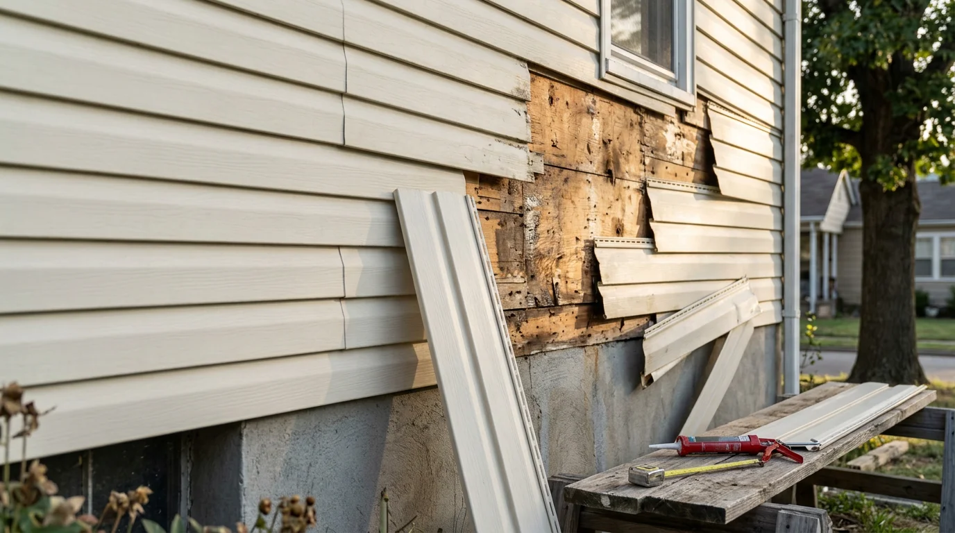 Close-up of a repaired siding section on a Sapulpa, Oklahoma home showing matched panels along the lower exterior wall. A contractor inspects the finished repair on a residential property in Creek County.