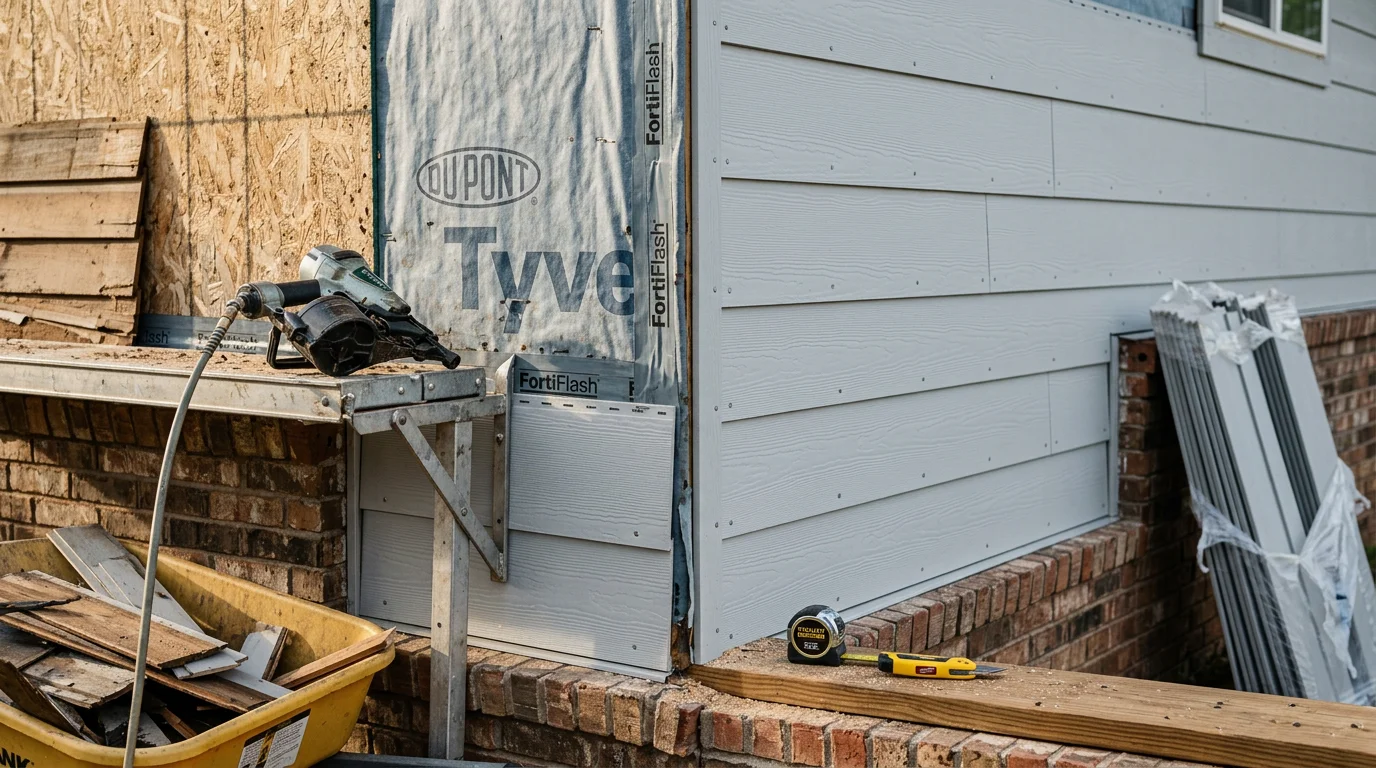 A Sapulpa, Oklahoma home with freshly installed exterior siding, showing clean panel lines and no visible warping or storm damage. A Redline Roofing and Exteriors crew works along the side wall during the replacement process.