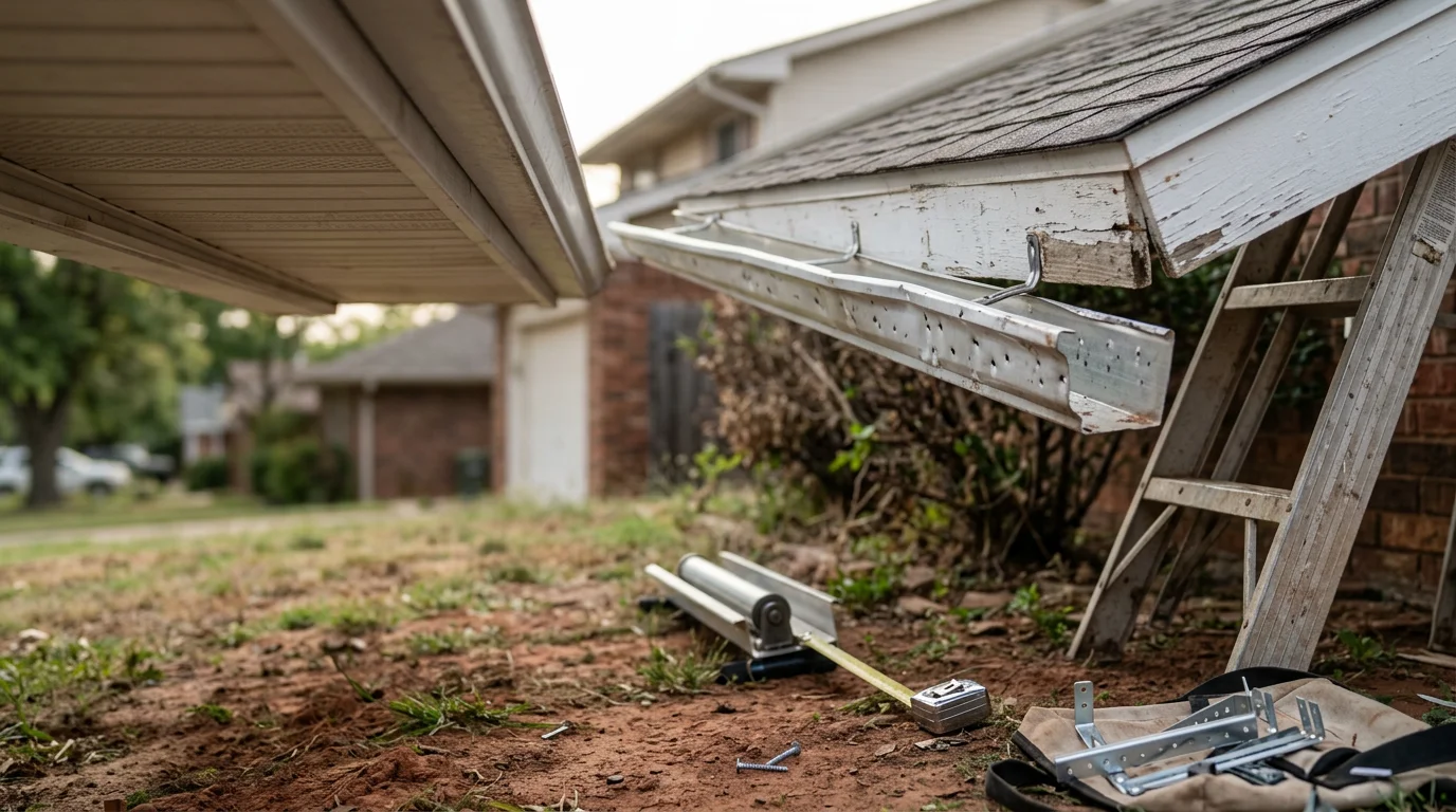 A repaired residential gutter section on a Sapulpa home showing straightened trough alignment and secure fascia attachment after hail and wind storm damage. Close-up view shows restored pitch and intact downspout connection on a single-story Oklahoma home.