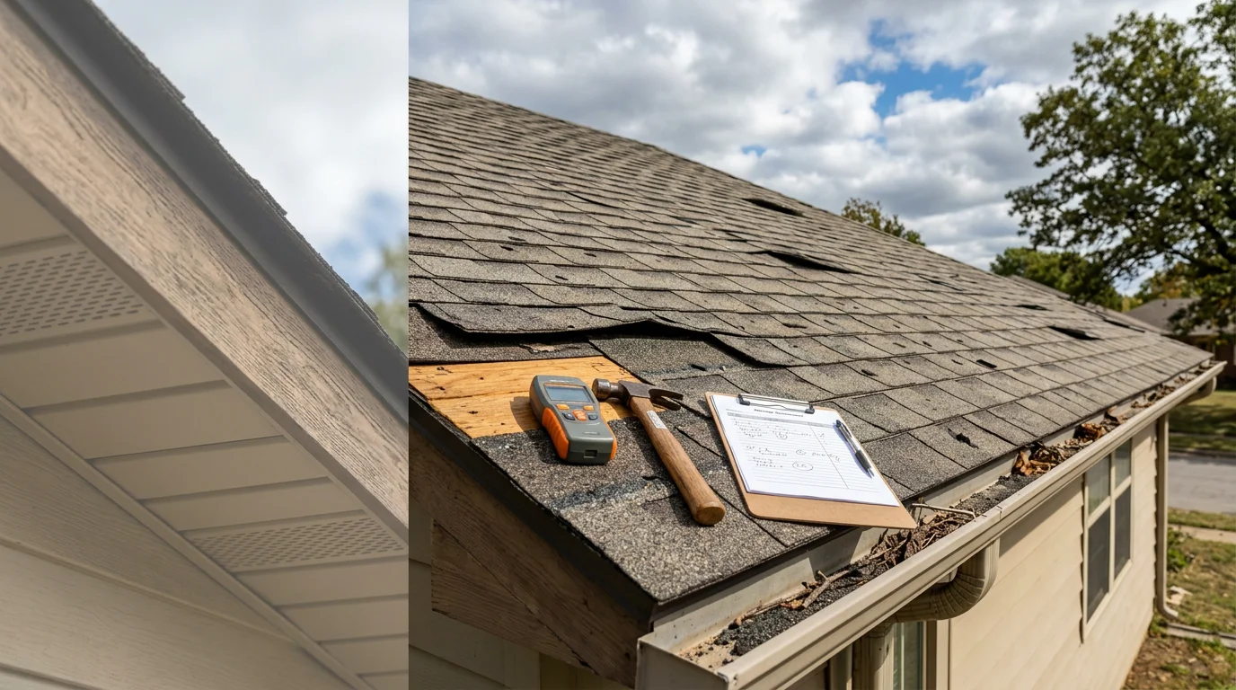 A Sapulpa residential roof showing hail impact granule loss and a wind-lifted shingle section on the southwest face after an Oklahoma storm. A Redline Roofing contractor inspects the ridge cap and documents damage for the homeowner.