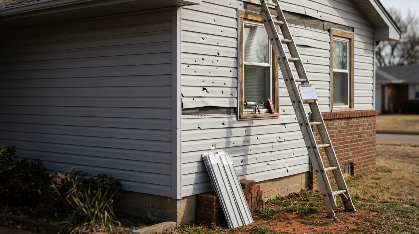 Storm-damaged vinyl siding on a Sapulpa, Oklahoma home showing hail impact cracks and a wind-lifted panel along the front elevation. A contractor inspects the wall assembly where panels have separated from the locking seam.