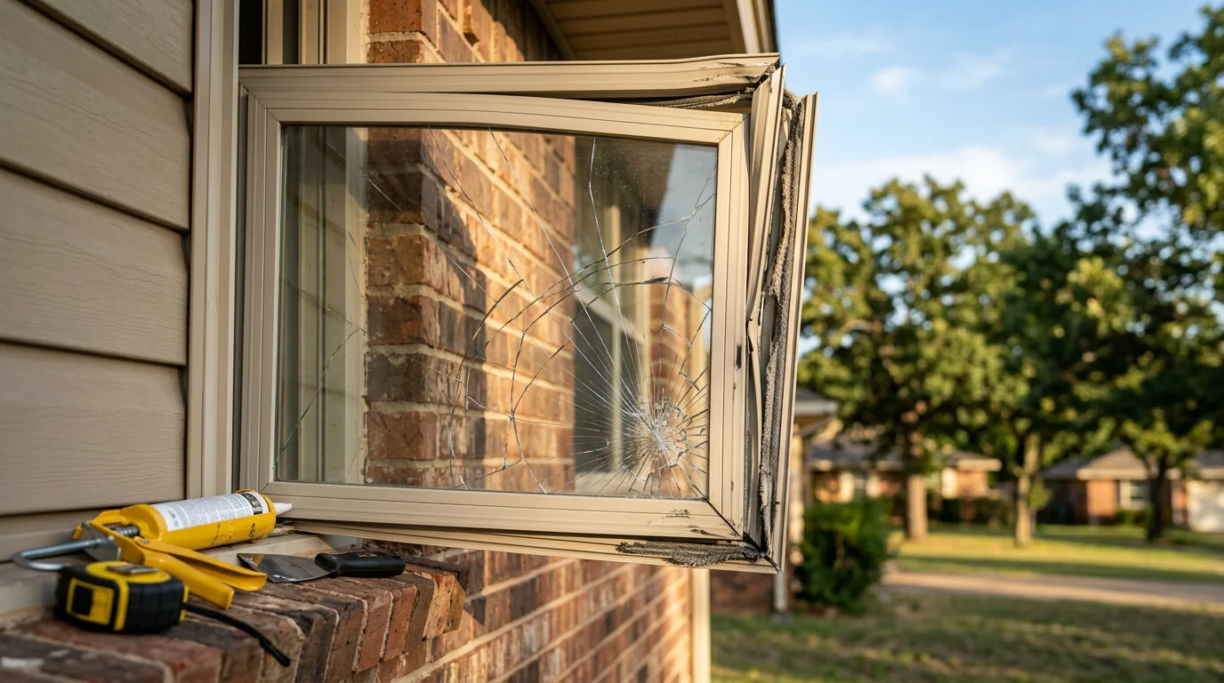 A residential window in Sapulpa, Oklahoma with a hail-cracked pane and damaged frame seal being assessed by a contractor after a storm. Close-up view showing impact damage to the glass and surrounding frame on a single-family home.