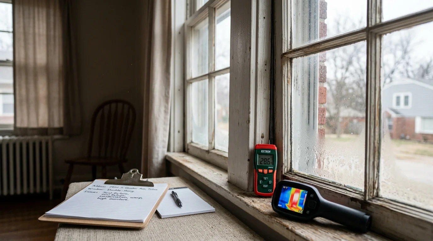 A Redline Roofing and Exteriors technician inspecting a residential window frame and seal on a home in Sapulpa, Oklahoma. Close-up view showing the exterior sill, glazing, and weatherstripping being evaluated for damage.