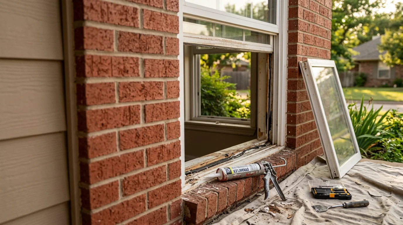 A Redline Roofing and Exteriors technician inspecting a residential window frame on a Sapulpa home, checking the seal and glass condition from the exterior.