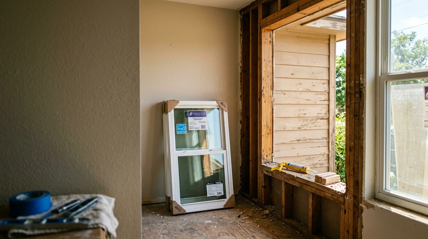 A freshly replaced window on a residential home in Sapulpa, Oklahoma, showing a clean frame set flush against brick exterior siding. The window is fully sealed with no visible gaps, photographed from the exterior on a clear day.